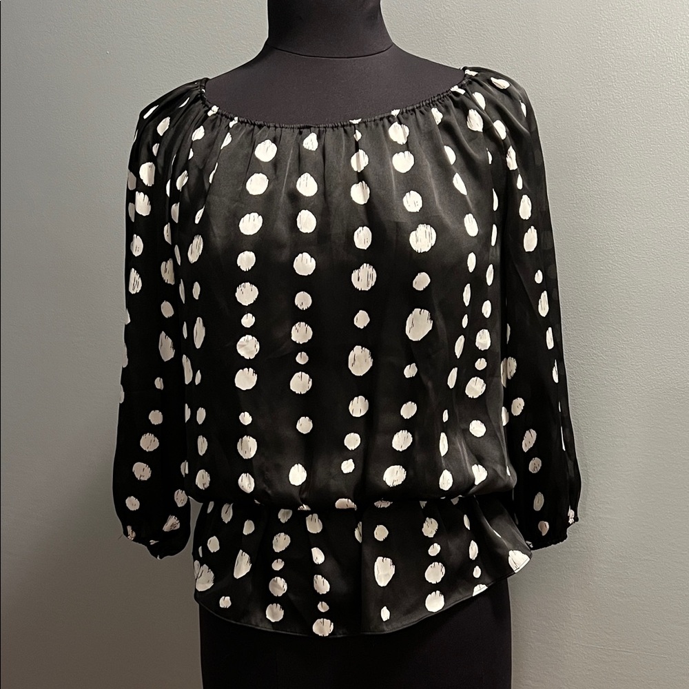 Vince Camuto Silky Black and White Polka Dot Peplum Blouse